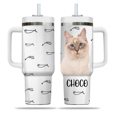 Custom Pet Photo Tumbler 40oz With Handle, Watercolor Pet Portrait From Photo Tumbler, Personalized Cat Face Photo Tumbler with Straw, Cat Lover Tumbler, Stainless Steel Tumbler, Insulated Tumbler 16